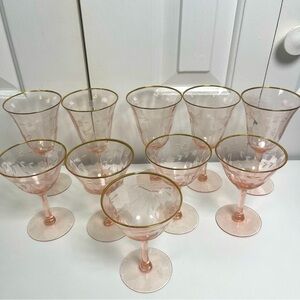 Vintage Tiffin Pink‎ Etched Depression Glass Gold Rimmed Glasses Bx